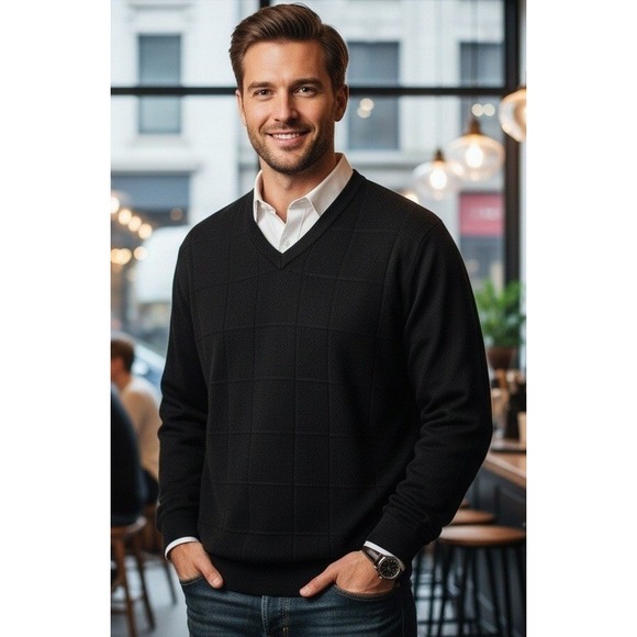 Via Europa Other - Via Europa V-Neck Windowpane Sweater Men's XL Preppy Pullover Minimalist Outdoor